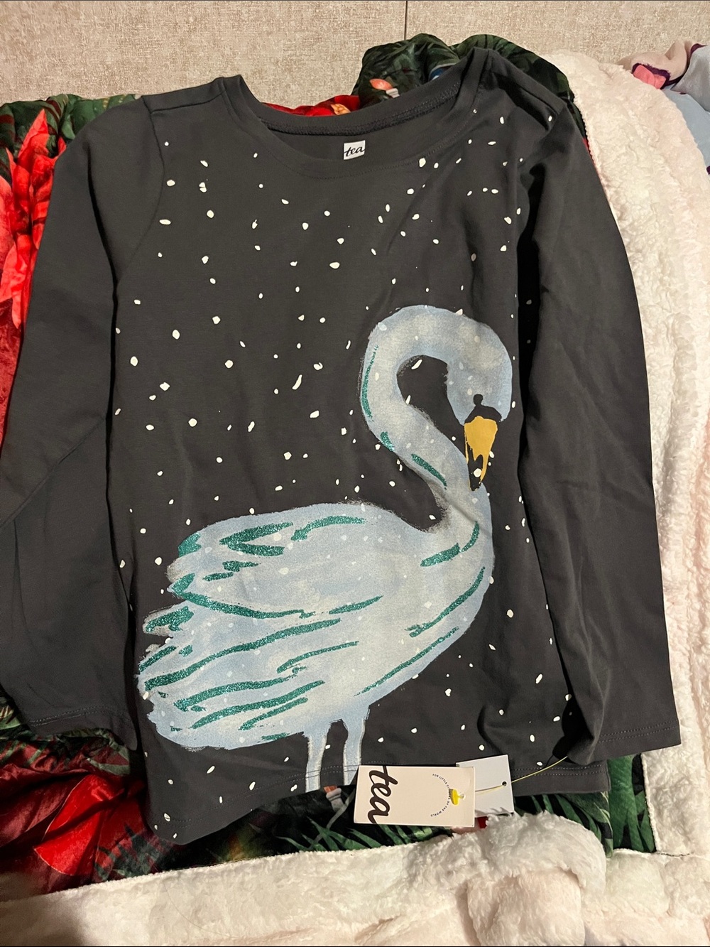 Tea Collection Black Long-Sleeve Top with Swan Graphic
